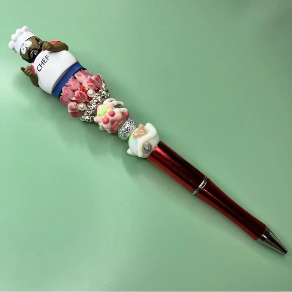 Chef Repurposed South Park Figure Beaded Pen with Red Accents Flowers Cherries - Picture 4 of 5